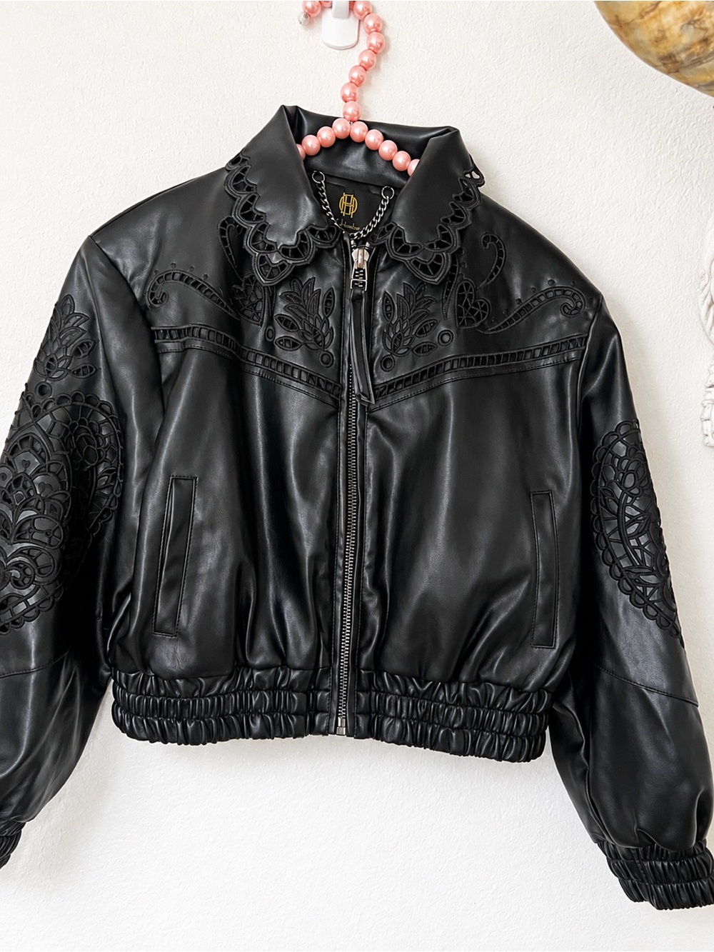 NWT House of Harlow 1960 Black Faux Leather Heart Detail Bomber Jacket XS